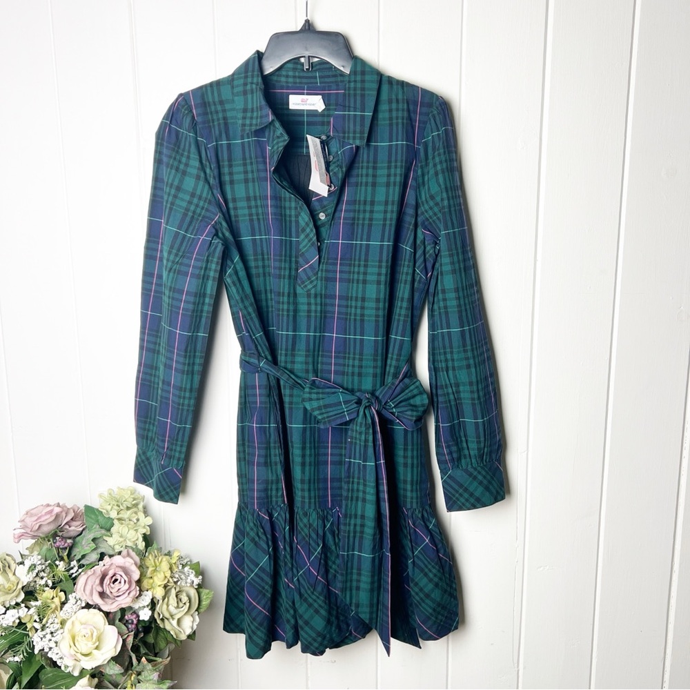Vineyard Vines Popover Blackwatch Dress Green Blue Plaid NWT